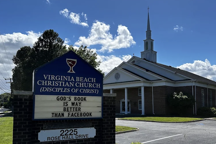 Virginia Beach Christian Church from Great Neck Road. The picture includes the Church sign which reads "Virginia Beach Christian Church (Disciples of Christ) God's Book is way better than Facebook"